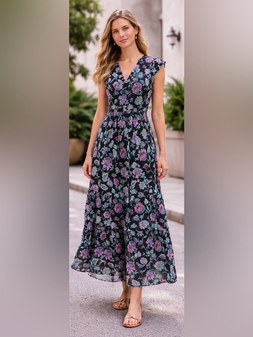 💐 NWT! Aqua Floral Multi Tier Ruffle Maxi Dress